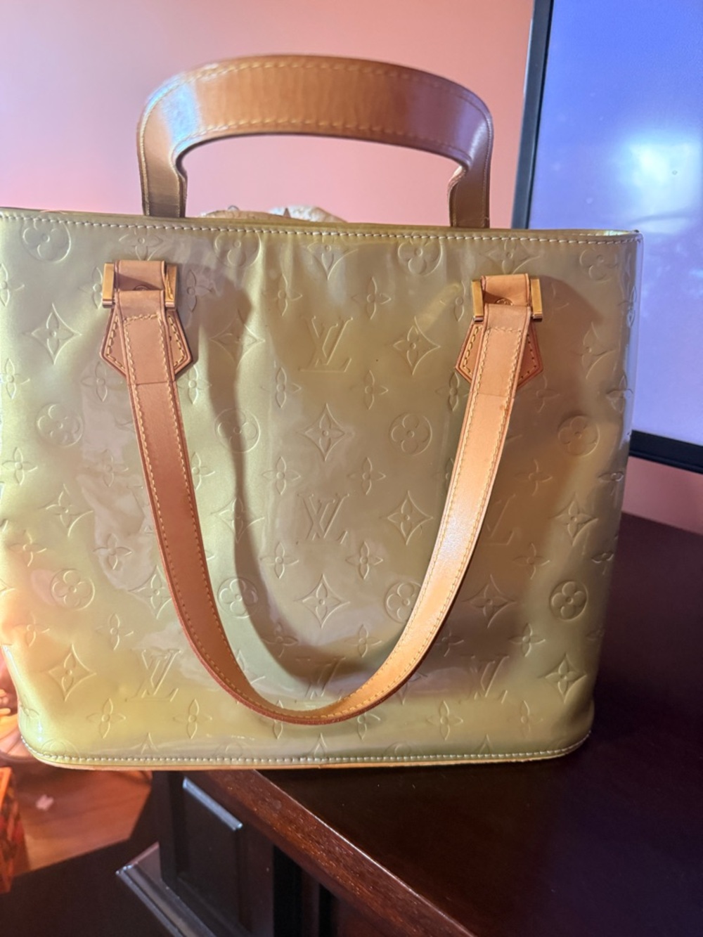 Louis Vuitton Olive Green Monogram Vernis Handbag with Natural Leather Handles